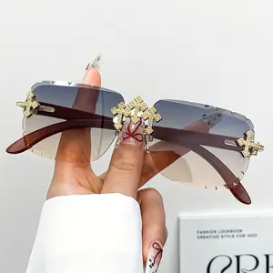 Unisex Men Women Moissanite Sunglasses Triple Cross Fashion Stylish Trendy Eyewear UV Protected Blue Lenses 5.5 Inch Frame with FDA Approved Features