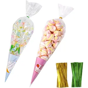 Cone Shaped Cellophane Treat Bags: 100 Pcs 6.3 x 11.8 inches Clear Treat Bags Triangl Cello Bags - Plastic Cone Bags with Twist Ties for Popcorn Treat Candy Goodie Gifts and Party Favors Packaging