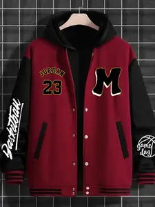 Men's Casual Letter Print Jordan-23 Number Design Baseball Jacket, Fitted Geometric Pattern, All Seasons Wear, Versatile Net Version