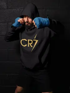 Premium CR7 Hoodie Cristiano Ronaldo Soccer Fan Gold Logo Black Hooded Sweatshirt for Fans