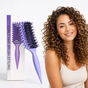 2026 Upgraded 5-in-1 Boar Bristle Curl Defining Brush | Vented Detangler for Curly Hair | Minimal Pulling | Wet & Dry Use | Ergonomic Travel Hairbrush