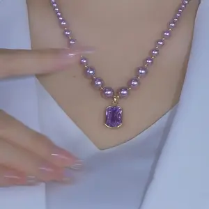 Square Necklace 14K Amethyst Pendant with Fishtail Design, Elegant Statement Tape Chain Jewels for Women