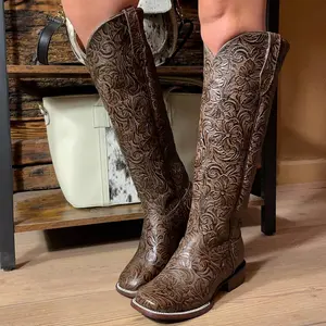 Brown Tall Tooled Cowgirl Boots Square Toe