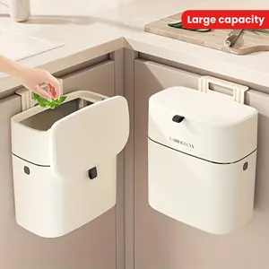 One Wall-Mounted Trash Bin - Large Capacity, Lid, Horizontal & Slender Shape, Dual-Use Model with Hook & Seamless Sticker Accessory