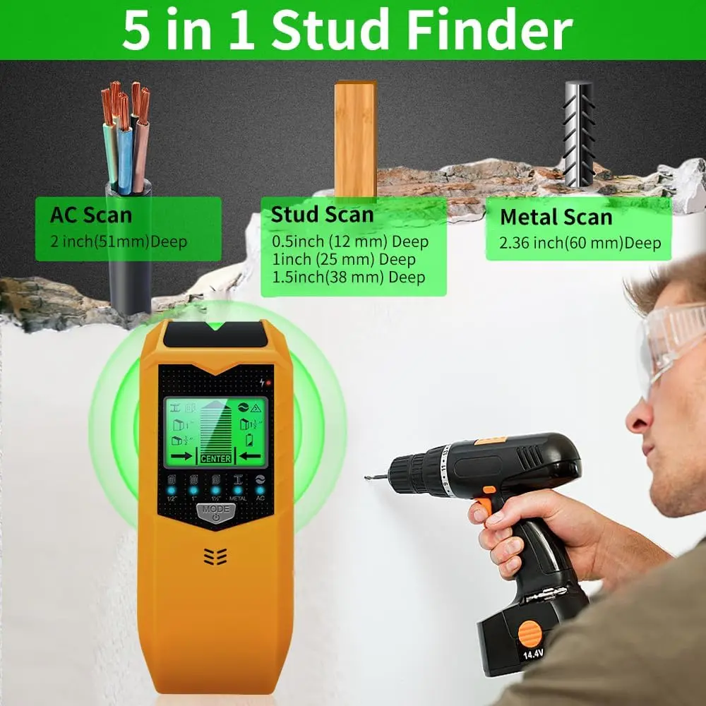 5-in-1 Hardware Stud Detector Wall Scanner with HD LCD Display, Detects Wood, Metal, AC Wire Centers and Edges