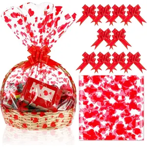 12 Pcs Large Valentine Basket Bags with 10 Bows Ribbon 28 x 40 Inch Clear Valentines Day Baskets Empty Bags Cellophane Wrap for Gift, Presents, Weddings(Heart Style)
