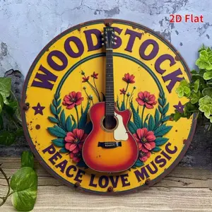 Woodstock Music Festival Vintage Metal Sign 7.8x7.8 Inch - Retro Peace & Love Decor with Guitar & Flowers, Pre-Drilled for Easy