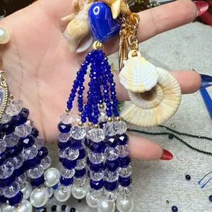 Yemaya Brand Llaveros de Yemaya Blue Bead Keychain with Shell and Pearl Accents Unique Design Accessory