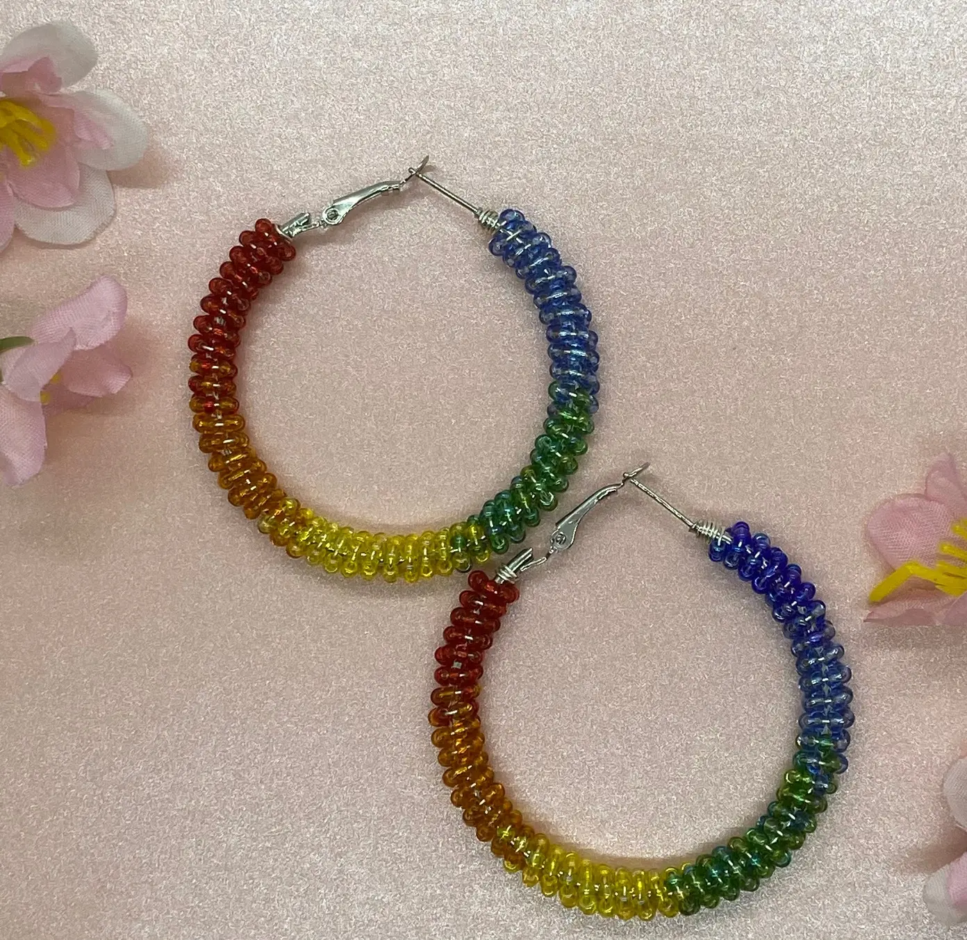 Rainbow Beaded Hoop Earrings