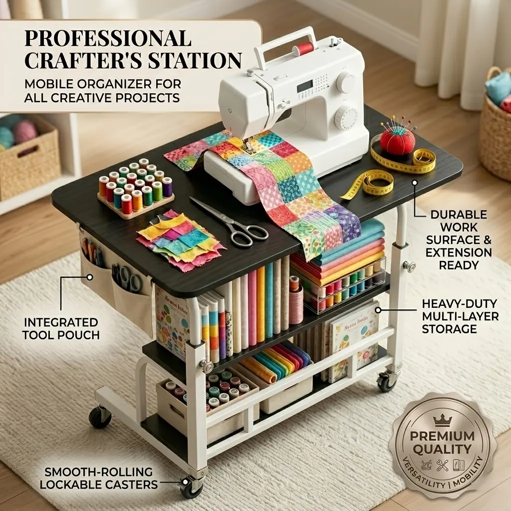 Sewing And Craft Table, Multi-Functional Height-Adjustable Mobile Sewing Workbench/Table - Mobile Handicraft Storage Table with 4 360° Silent Wheels, Double-Layer Storage Shelf with Height Adjustment, Perfect for Sewing Studios, Bedrooms