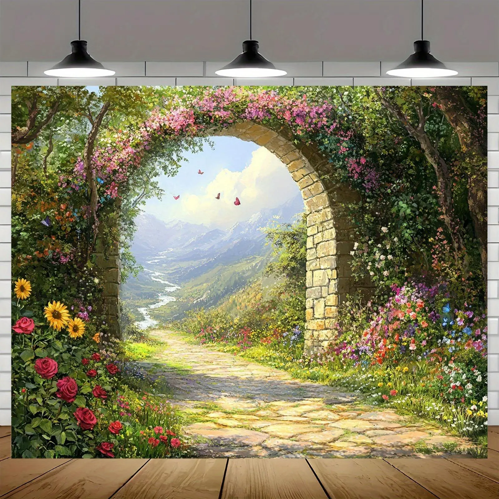 1pc Polyester Enchanted Nature Scenery Photography Backdrop - Floral Print with Stone Bridge & Mountain Landscape, All-Seasons, No Power Needed, Backyard Wedding Decor, Studio Prop