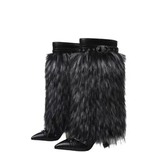 Womens Pointed Toe Stiletto Heels Faux Fur Knee High Boots Buckle Runway