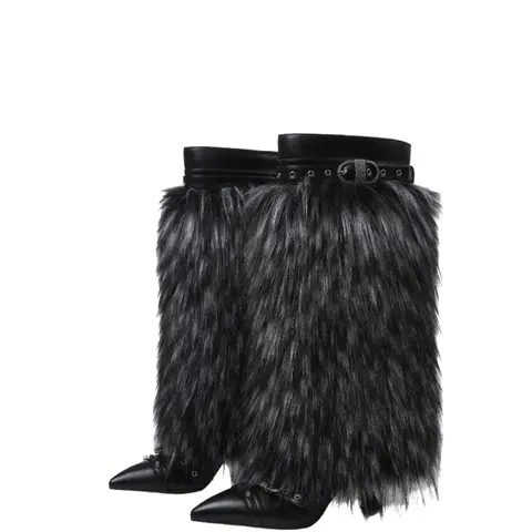 Women's Pointed Toe Stiletto Heel Faux Fur Knee-High Boots with Buckle Strap - Warm Women's Fashion Footwear for Evening, Night Out Occasions, Footwear Fashion
