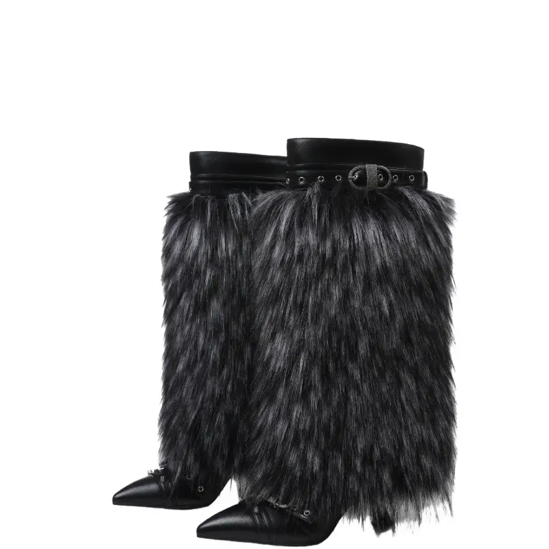 Women's Pointed Toe Stiletto Heel Faux Fur Knee-High Boots with Buckle Strap - Warm Women's Fashion Footwear for Evening, Night Out Occasions, Footwear Fashion