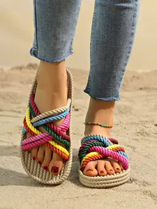 Boho Style Woven Sandals Colorful Braided Rope Thick Hemp Sole, Toe Separated Breathable Non-Slip, Perfect for Summer Beach Vacation