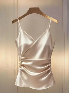 Women's Fashion Cross V-Neck Tank Top Camisole, Sleeveless, Spaghetti Strap, Elegant Chic Button Design, Plain Fitted Backless Vest, All Seasons Casual Wear