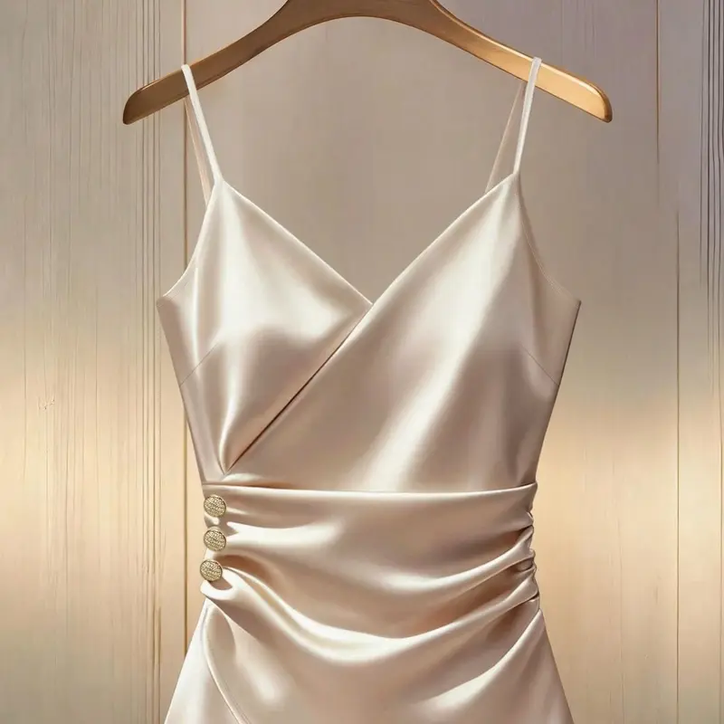 Elegant Satin V Neck Tank Top, Fitted Waist Ruched Design, Side Button Detail, Asymmetrical Hem, Perfect for Fall Winter Layering
