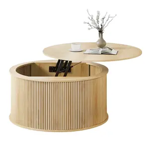 31.58" Round Lift Top Coffee Table with Storage, Farmhouse Fluted Center Circle Dining Table for Living Room, Reception Room, Home Office