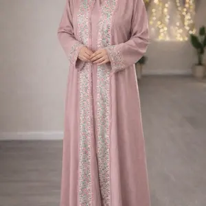 Elegant Pink Embroidered Abaya – Modest Long Sleeve Open Front Abaya for Women