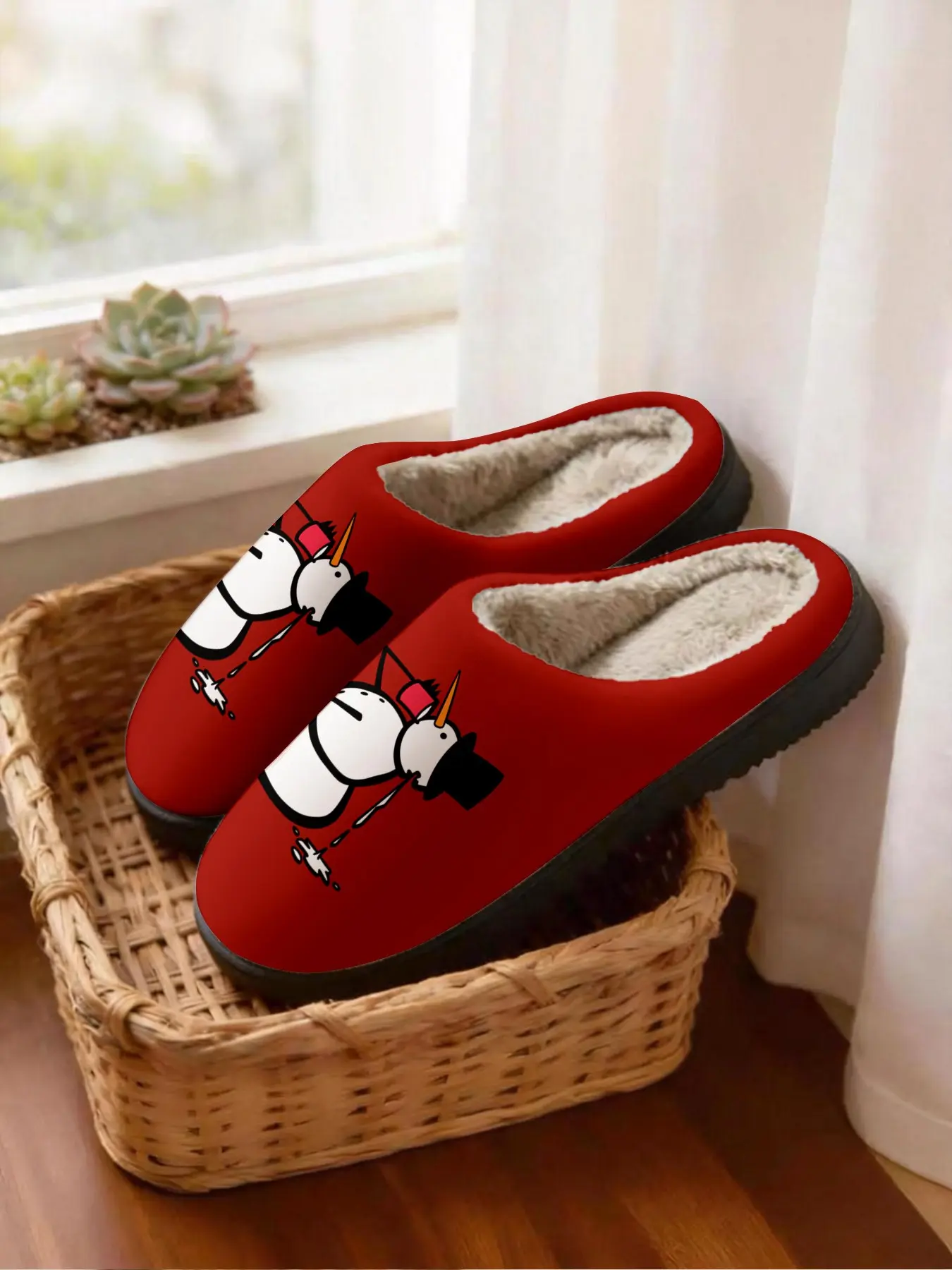 Cute Snowman Holiday Cotton Slippers, Casual Fall & Winter Home Shoes, Soft Plush Lining, Cartoon Design with Scarf and Cane Elements