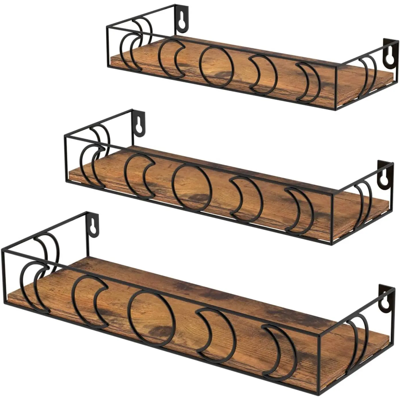 Moon Phase Floating Shelves Brown Black, Set of 3 Small Decorative Wall Shelves for Book  Storage,  Figurine Collectibles Display Shelf for Bedroom  Room