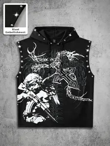 Men's Street Style Vest, Sleeveless Drawstring Design, Angel Gun Cross Print, Casual Medium-Length Outer Vest, All-Season Fashion