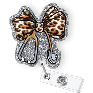 L-KC030 SP Funny Stethoscope Leopard Bow Badge Reel Retractable for Nurse Nursing RN CNA LPN & Medical Assistant, Glitter Cheetah Print Bow ID Badge Holder with Alligator Clip & 24” Durable Nylon Cord | Acrylic