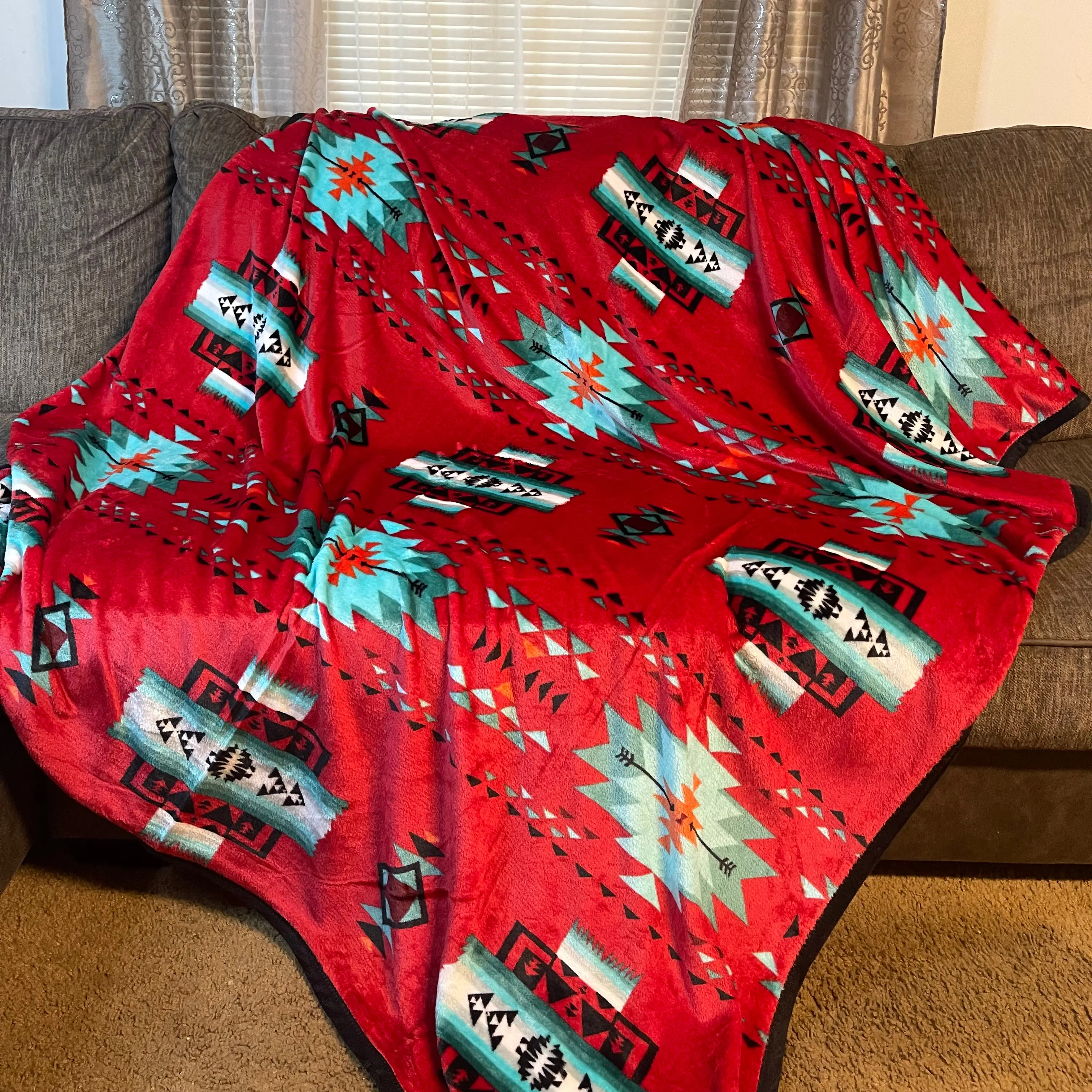Native Sunset Red Full 60"x 80" South Western Pattern Oversized Throw Single Layer Soft Plush Blanket