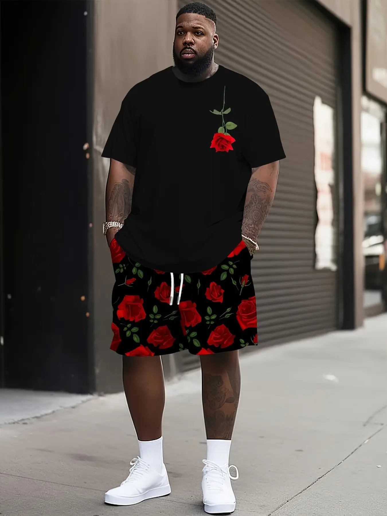 Men's Plus Size Floral Rose Print 2-Piece Set, Outfit, Menswear, Short Sleeve Tee and Casual All-Over Print Gym Shorts, Loose-Fitting, Knee-Length, Natural Waist
