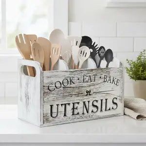 Wooden Cooking Utensils Storage Rack, 1 Count Kitchen Utensils Holder with 3 Compartments, Kitchen Utensils Storage Box, Kitchen Gadgets Organizer