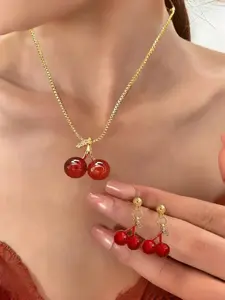3-Piece Cherry Earrings and Collar Necklace Set, Unique Design Jewelry Sets for Women, Perfect Gift for Holidays and Valentine's Day, Choker Set