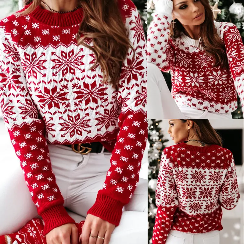 New Sweater Women's Christmas Snowflake Long Sleeve Bottoming Knitted Sweater