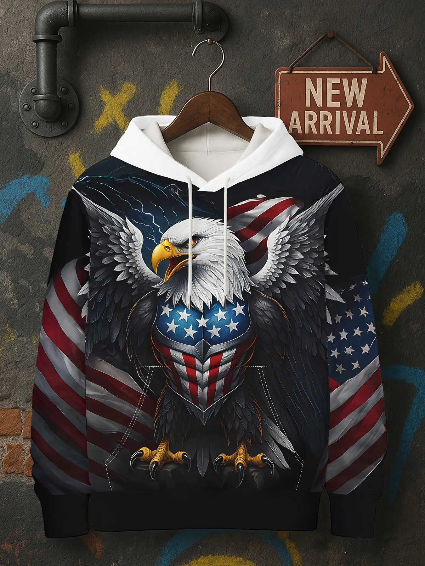 Men's Patriotic American Flag Eagle Hoodie - 3D Digitally Printed Street Hoodie with Drawstring and Front Pocket, Pullover Streetwear, Casual Pullover Hoodies, Fall/Winter Fit, Gifts for Brothers/Friends, Durable Fabrics