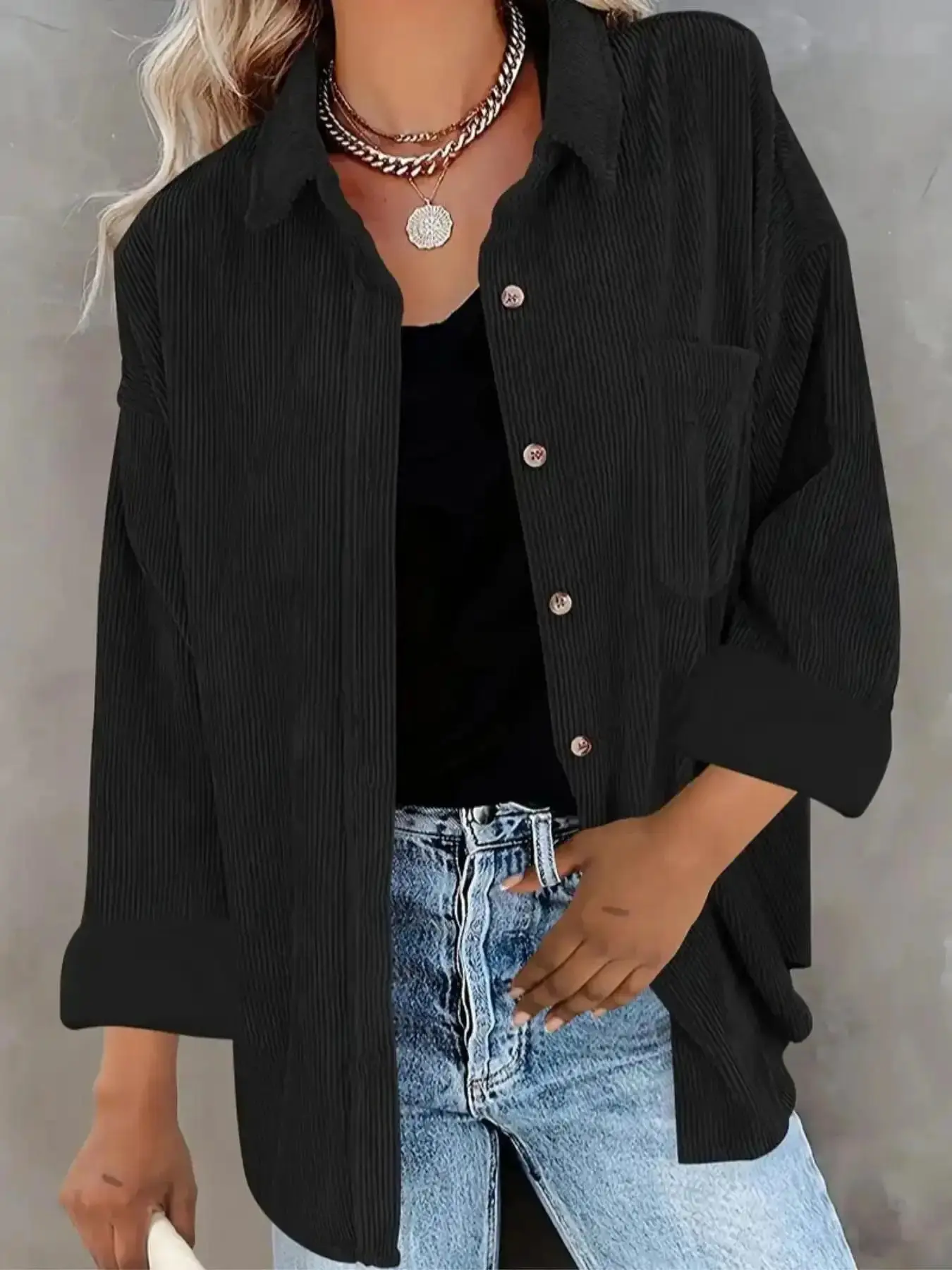 Women's Corduroy Button Collared Blouse Shirt With Pocket, Long Sleeve Loose Fit Oversize Drop Shoulder Casual Everyday Style For Spring & Fall elevated basics must have stylish polished