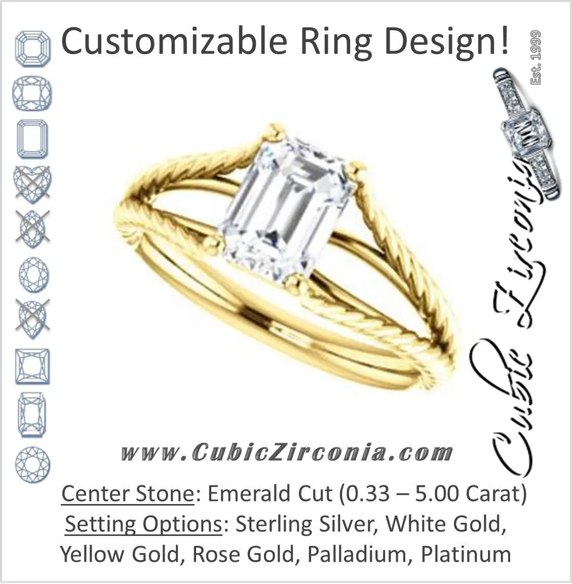 Cubic Zirconia Engagement Ring- The Manuela (Customizable Cathedral-set Emerald Cut Solitaire with Rope-Engraved Split-Band)