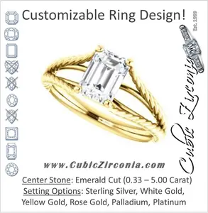 Cubic Zirconia Engagement Ring- The Manuela (Customizable Cathedral-set Emerald Cut Solitaire with Rope-Engraved Split-Band)
