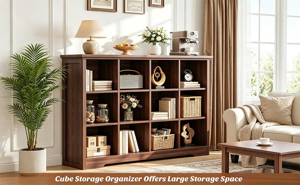 Wooden 12-Cube Storage Organizer with Power Outlets, Modern Cube Bookcase with Base, 4-Tier Floor Standing Open Cubbies Bookshelf for Home and Office