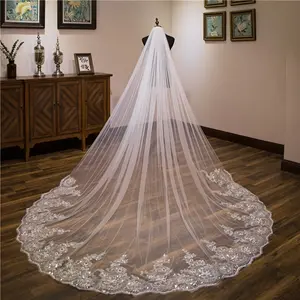 White Ivory Sequins Lace Edge Veils One Layer Cathedral Length Wedding Bridal Veil with Comb Long Woman Illusion Tulle