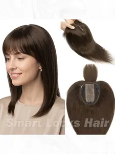 Human Hair Topper With Side Bangs Lightweight Silk Base 3-Clips In Covers Gray Adds Volume Realistic Natural Scalp Human Hair Toupee For Women 13*12cm  Dark Brown Blonde
