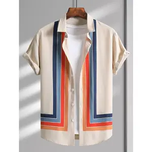 Men's Colorblock Striped Print Short Sleeve Shirt, Regular Fit Casual Graphic Button Up Top for Summer, Men's Clothes for Daily Wear, Tropical