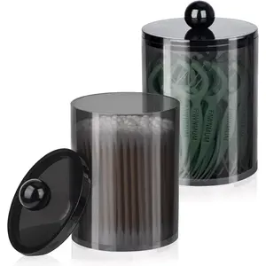2 Pack Qtip Holder,Canister Apothecary Jar Set, Bathroom Jars with Lids Set for Cotton Swabs, Balls, Pads, Floss Picks,10oz-12oz Plastic Canisters Restroom Bedroom Vanity Organizer(Black)