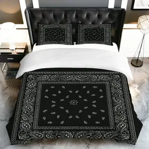 3PCS Duvet Cover Set, 1 Duvet+2 Pillowcases(Without filler), Black Paisley Bandana Design Vintage Bohemian Chic theme, Halloween bedding set, Elegant Stylish Bedroom Home Decor Suitable for decoration bedroom living room guest room studio.