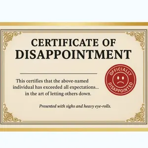 Funny Certificate of Disappointment Prank Postcard Anonymous Gag Gift for Pranks and Gags Ideal for Adding Humor