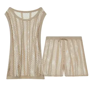 Mens Undershirt Set Mesh Tank Tops Boxers Sexy Sheer Fishnet Hollow Sleeveless Singlet Shorts Nightwear Fathersdaygift Matching Pajamas Classic Cotton Menswear Soft Elegant Fitness Grey Hem