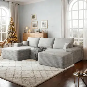 【3 Packages】Eyisean 107" Modern U-Shaped Modular Sectional Sofa with Chaise & Ottoman - No Assembly Required, Fluffy Plush Corduroy Upholstered Boneless Couch with Deep Seat, Comfy Sectional Couches for Living Room Furniture, Apartment