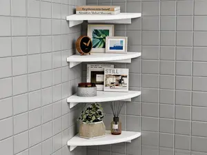 4-piece white rounded corner floating wall shelves. Wood wall-mounted design, space-saving for bedrooms, bathrooms, living rooms and small spaces.