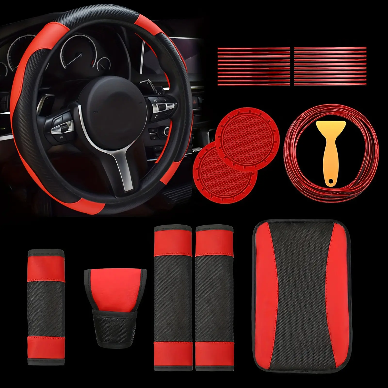 Car Accessories Set, PU Leather Steering Wheel Cover Auto Interior Accessories Gift Car Vent Trim Strips Air Conditioner Insert Strips with Installation Tool 30pcs