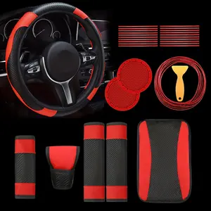 Car Accessories Set, PU Leather Steering Wheel Cover Auto Interior Accessories Gift Car Vent Trim Strips Air Conditioner Insert Strips with Installation Tool 30pcs