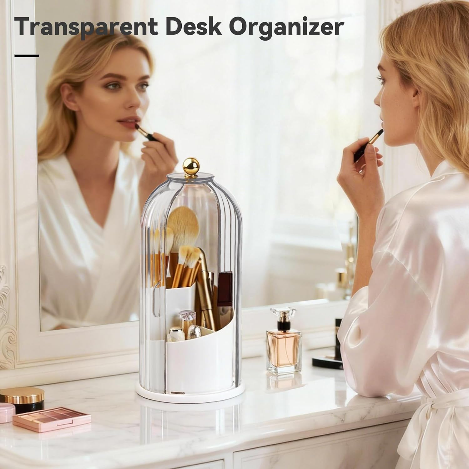 360° Rotating Makeup Brush Holder with Lid, Waterproof Three-Compartment Makeup Organizer, 180° Side-Pull Door Desk Organizer, Dustproof Brush Holder for Vanity and Bathroom (Transparent)