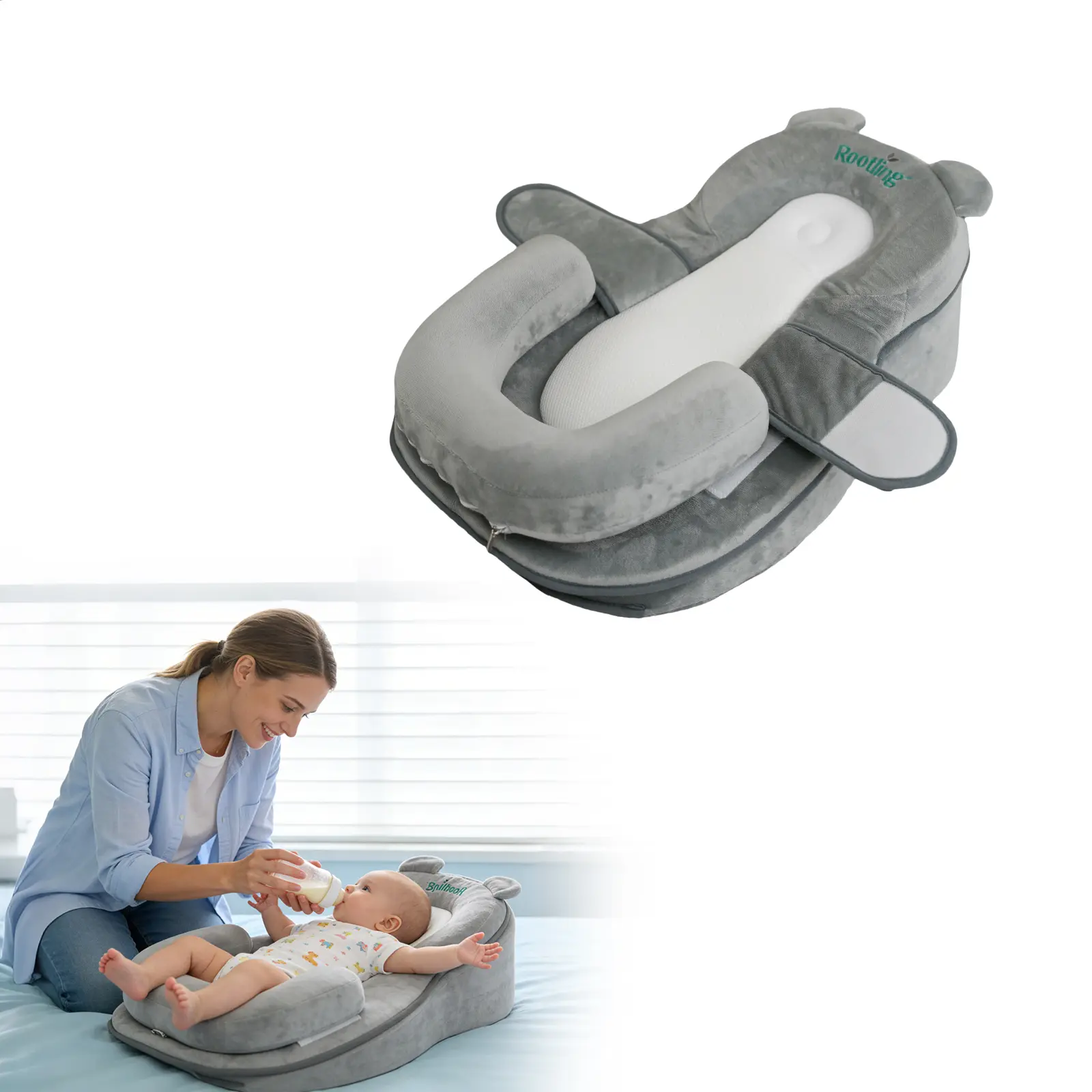 Rootling Ergonomic U-Shaped Breastfeeding Pillow - Hands-Free Nursing Support for Acid Reflux & Spit-Up Newborns & Infants, Easy-Clean Removable Cover